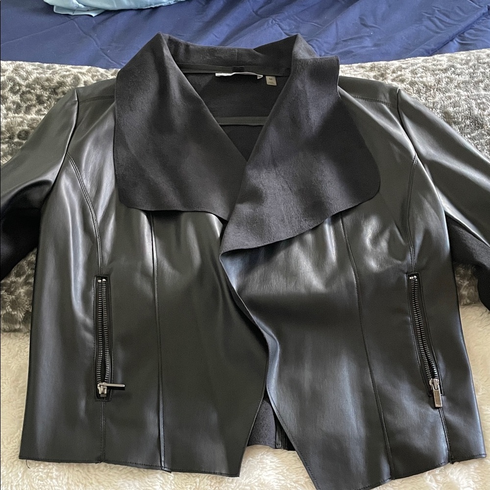 Black Faux Leather Draped Collar Jacket